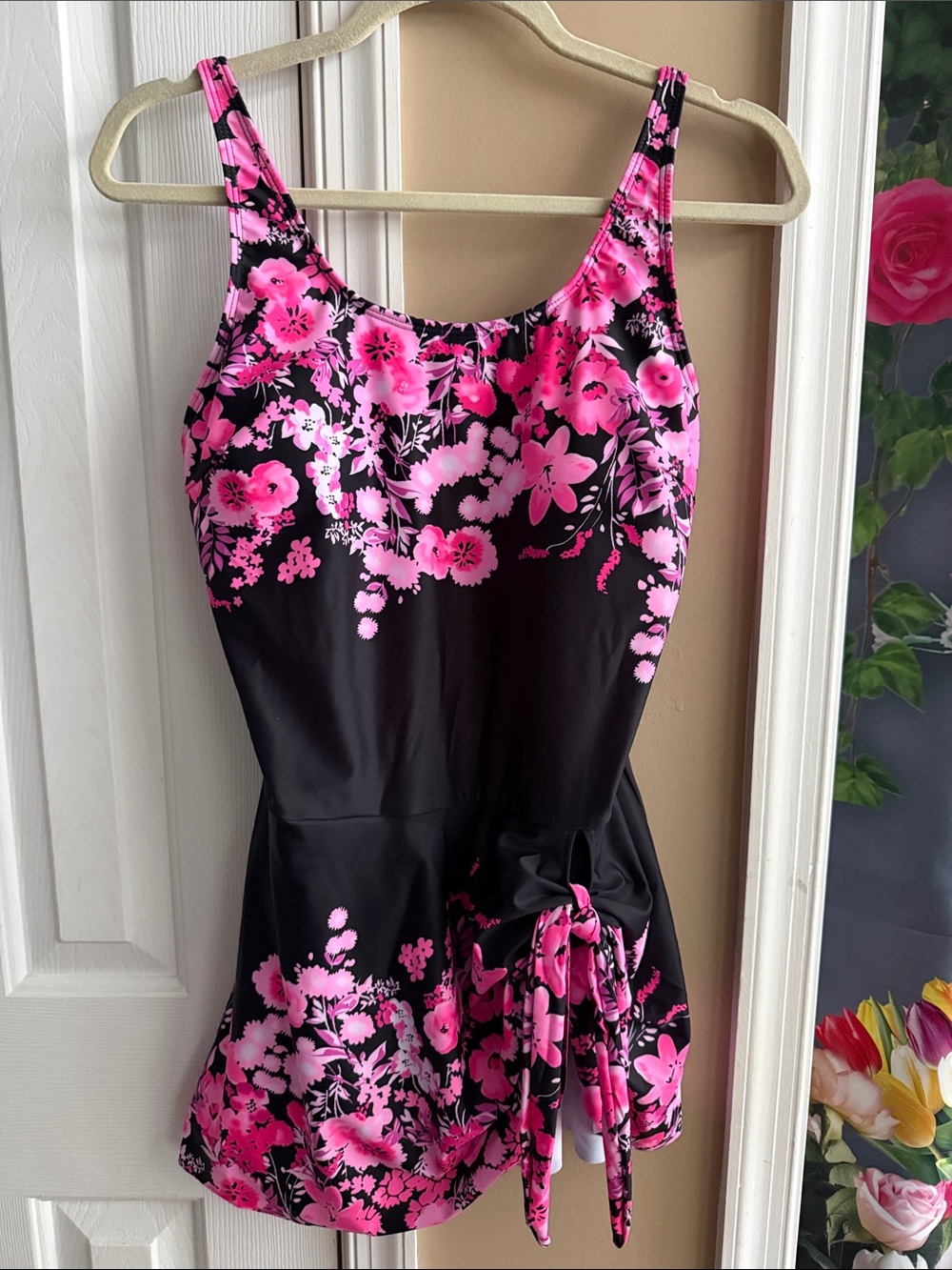 Black One-Piece Swimdress with Pink Floral Print